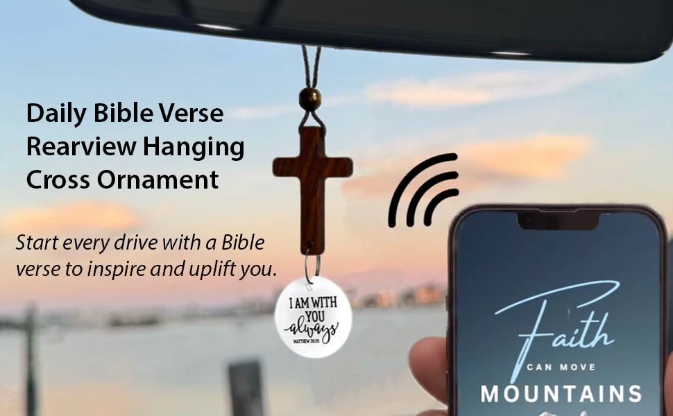 Daily Bible Verse Rearview Mirror Cross Ornament – Daily Scripture Car Charm Hanging Cross for Car with “I Am with You Always” Medallion Daily Bible Verse Rearview Mirror Cross Ornament – Daily Scripture Car Charm Hanging Cross for Car with “I Am with You Always” Medallion