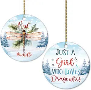 Dragonfly Christmas Ornament Gifts - Birthday Gifts for Dragonfly Lovers - Dragonfly Christmas Tree Decoration Gifts for Nature Enthusiasts - Custom Name Ceramic Circle Ornament