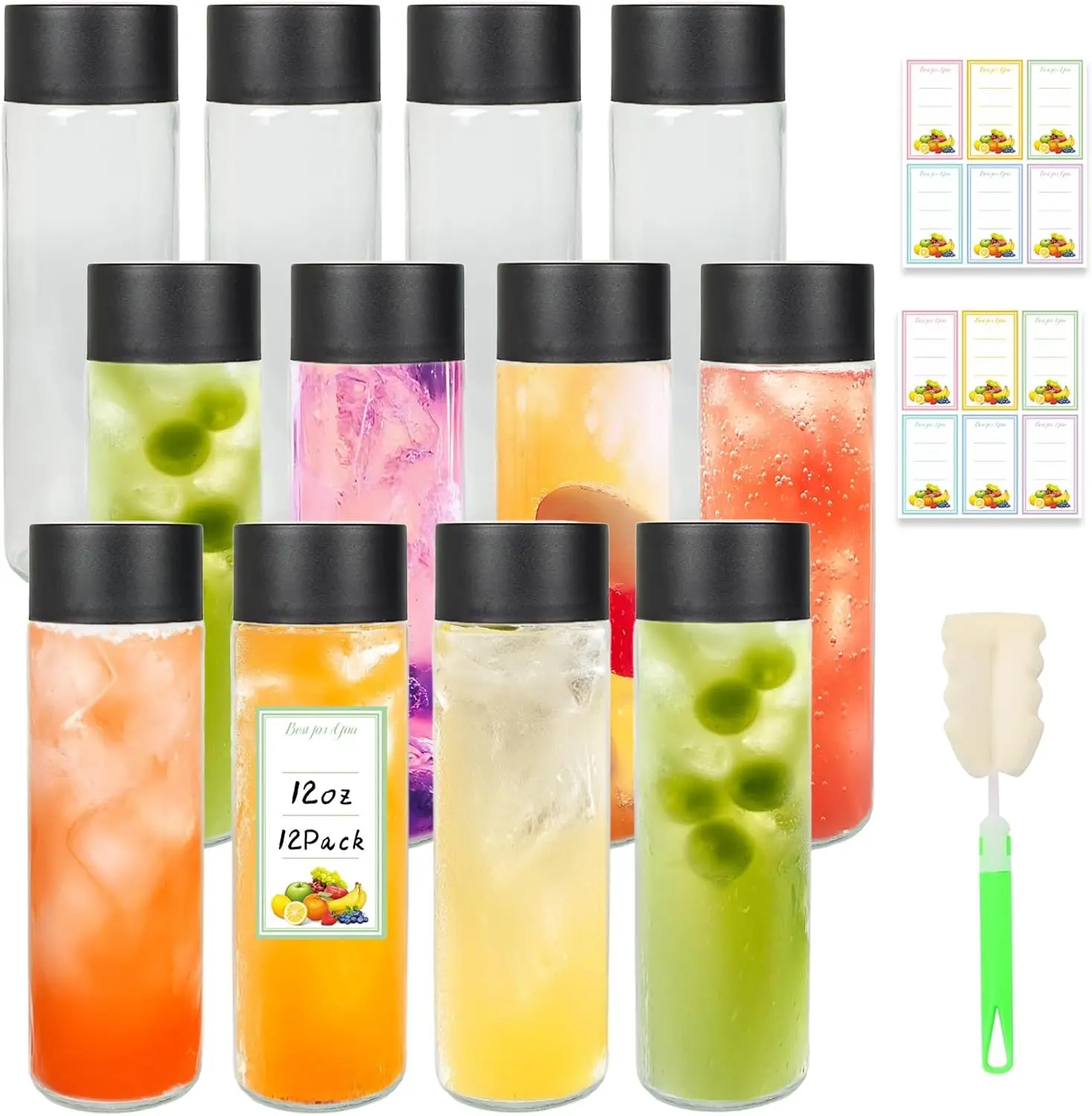 12 Pack Durable Reusable Glass Water Bottles with Leakproof Seal Black Caps, 12 oz/350ml Portable Plastic-Free Storage Jars for Cold Brew, Homemade Juices