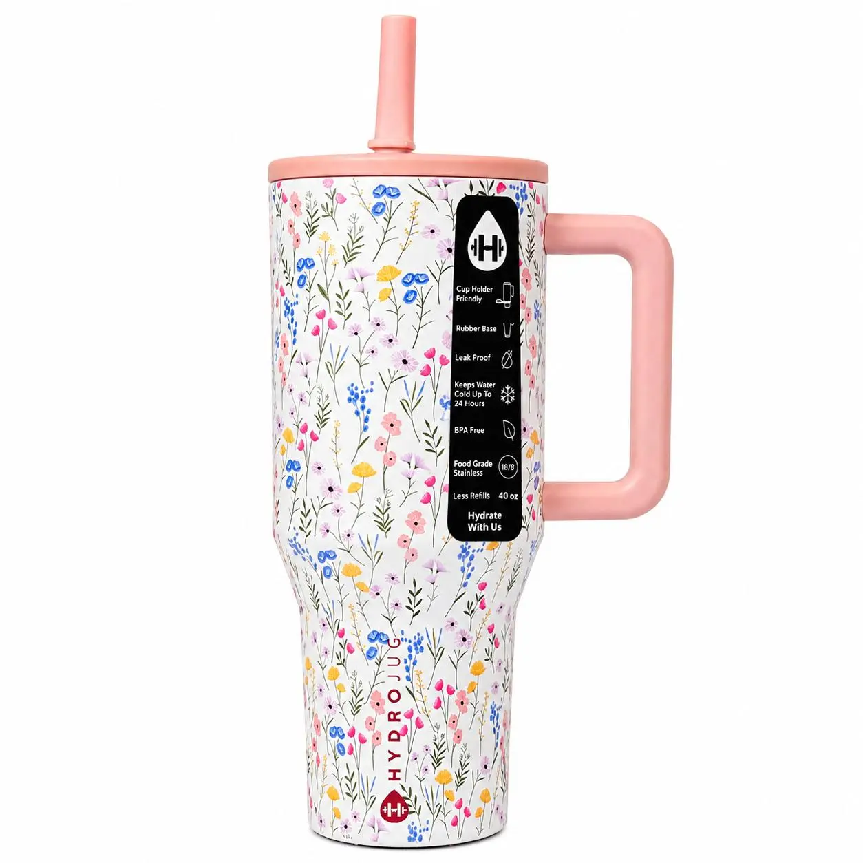 40oz Floral Aesthetic Insulated Stainless Steel HydroJug Bottle - Leak-Resistant, with Lid, Handle and Straw, Vacuum Flask Travel Drinkware for Gym, Beach Hydration