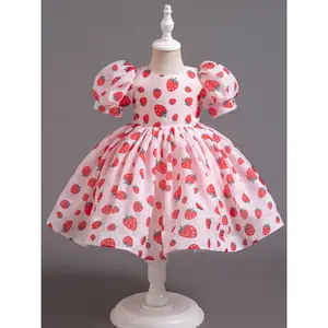 1 Piece Cute Strawberry  Mid-Length Dress for Girls -- With Puff Sleeves and Backless Tie Detail, Round Neck Princess Dress Design, Suitable for Spring, Summer, and Autumn, Fruit  Element ombre print schooluniform black stylish little
