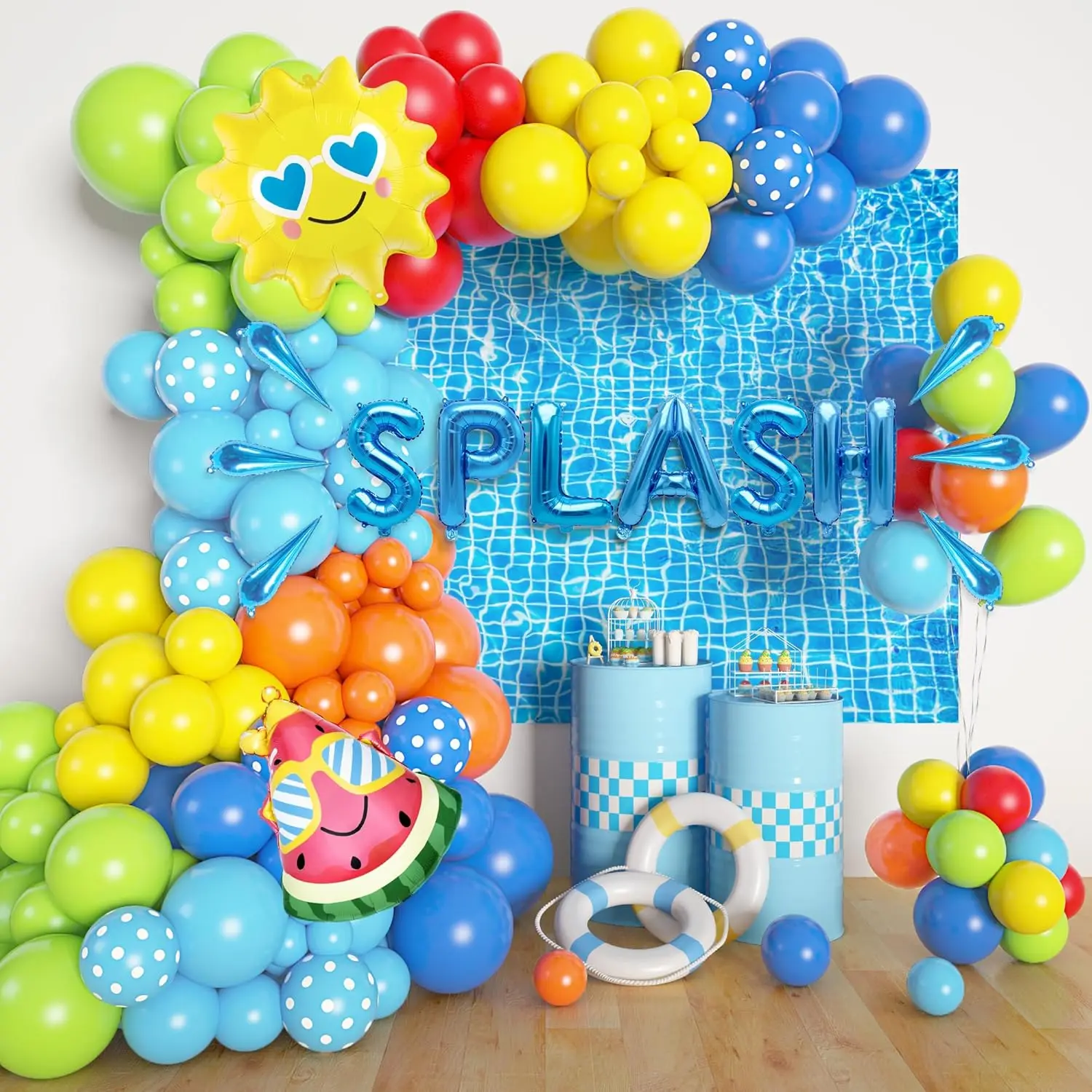 159PCS Summer Pool Party Decorations Kit – Tropical Balloon Garland Arch with Sun, Watermelon & Palm Leaf Foil Balloons for Beach, Hawaiian Birthday, Swimming Pool & Baby Shower Party Decor