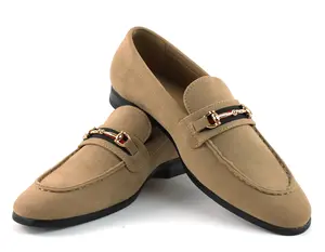 Slip On Tan Suede Loafers With Gold Buckle Men's Dress Formal Shoes AZARMAN
