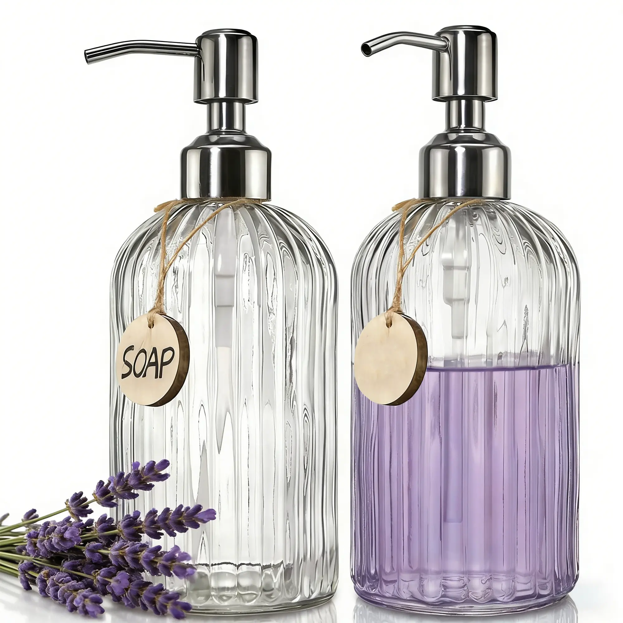 18oz Ribbed Glass Soap Dispenser Set for Restock & Home Organization - Refillable Hand & Dish Soap Bottle with Rustproof Stainless Steel Pump & Cute Wooden Labels