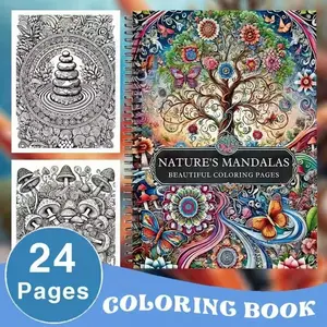 Adult Stress Relief Coloring Book with Natural Elements & Mandala Symmetry, Relaxing & Creative, Detailed Lines, Single Page Print, 24 Sheets