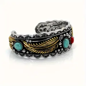 Vintage Geometric Carved Cuffs, Bracelets, And Iron Accessories With Imitation Turquoise Inlaid Bohemian Style Christmas. Alloy