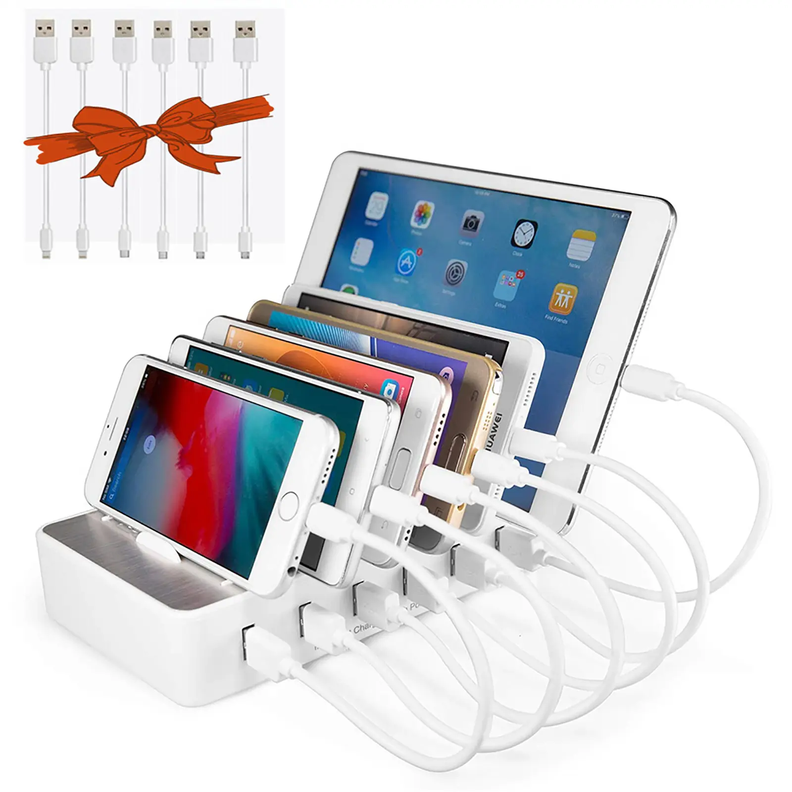 CHARGEKNIGHT 6-USB Port Multiple Device Charging Station, 10W Speed Family Charger with Electronic Protection, Includes Cables, Compatible with Mobile/Cellphone/Smartphone, Apple iPhone iPad, Android Phone & Tablet