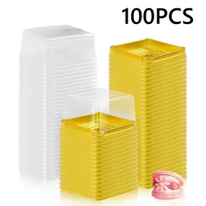 100 Set 3" Mini Cupcake Containers Plastic Square Containers with Lids Cupcake Boxes Muffin Pod Dome Muffin Single Individual Container Box for Wedding Birthday Gifts Supplies (Golden)