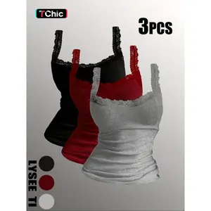 Women'S Contrast Lace Tank Top, Casual Comfy Breathable Sleeveless Top, Ladies Clothing For All Seasons