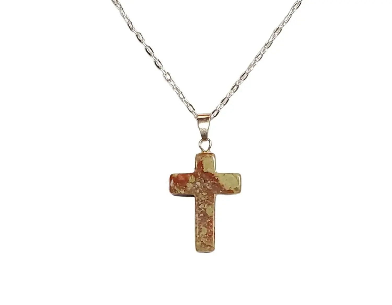 Unakite Cross Necklace, Stone Cross Necklace