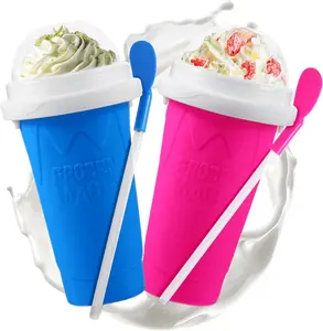 Slushie Cup, 2 Pack Slushy Maker Cup with Lid & Straw for Kids Friends Family, Portable Smoothie Squeeze cup for Milk, Juices, and Ice Cream Make (Blue+Red)