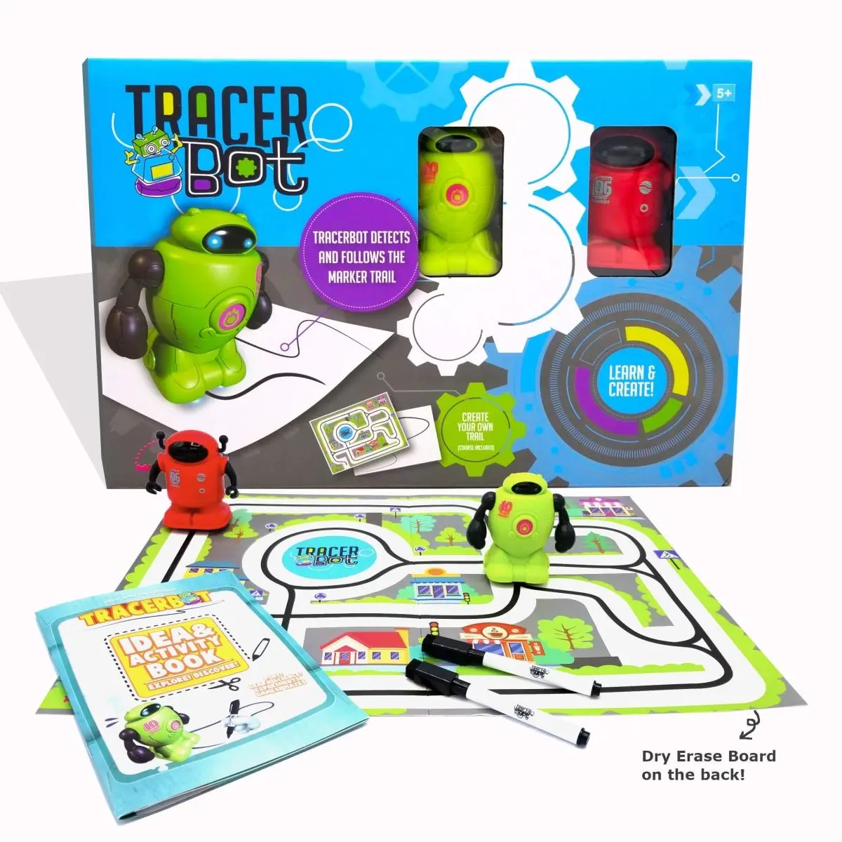 212 MAIN Bots Tracerbot Mini Inductive Durable Plastic Robot Set - Unisex STEM Science Children’s Development Toy with Light Sensors, Inductive Path, 4 Button Batteries, Dry Erase Board, Trail Map, Playbook, 1.4 lbs, Easy to Carry for Farm Animal Play, Ch
