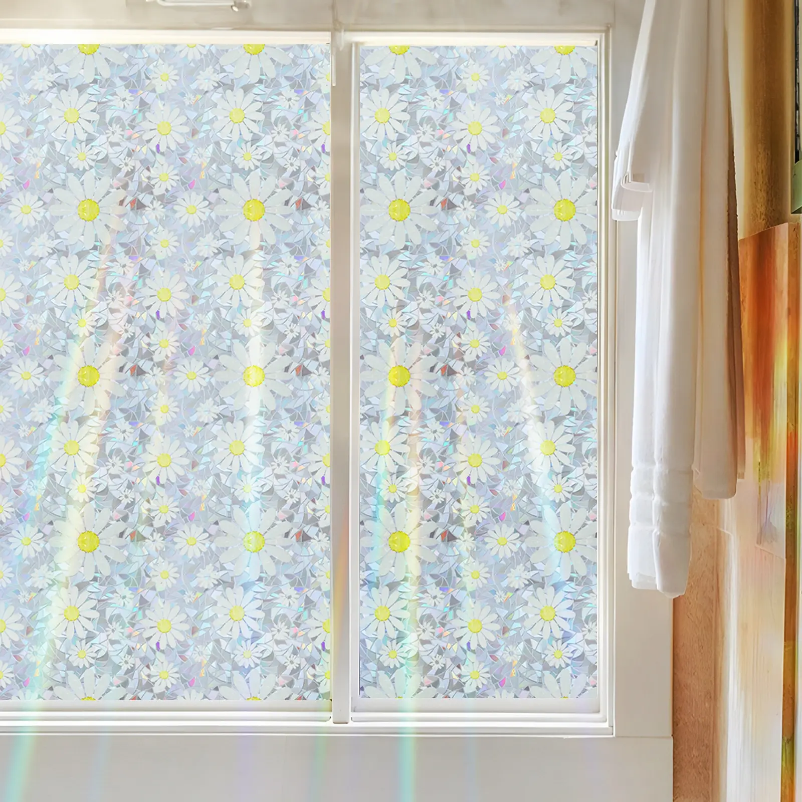 1pc 3D Rainbow Daisy Pattern Removable Decorative Window Sticker, Light Blocking UV Protection Privacy Window Tint Film, Static Cling Glass Decal for Doors Windows