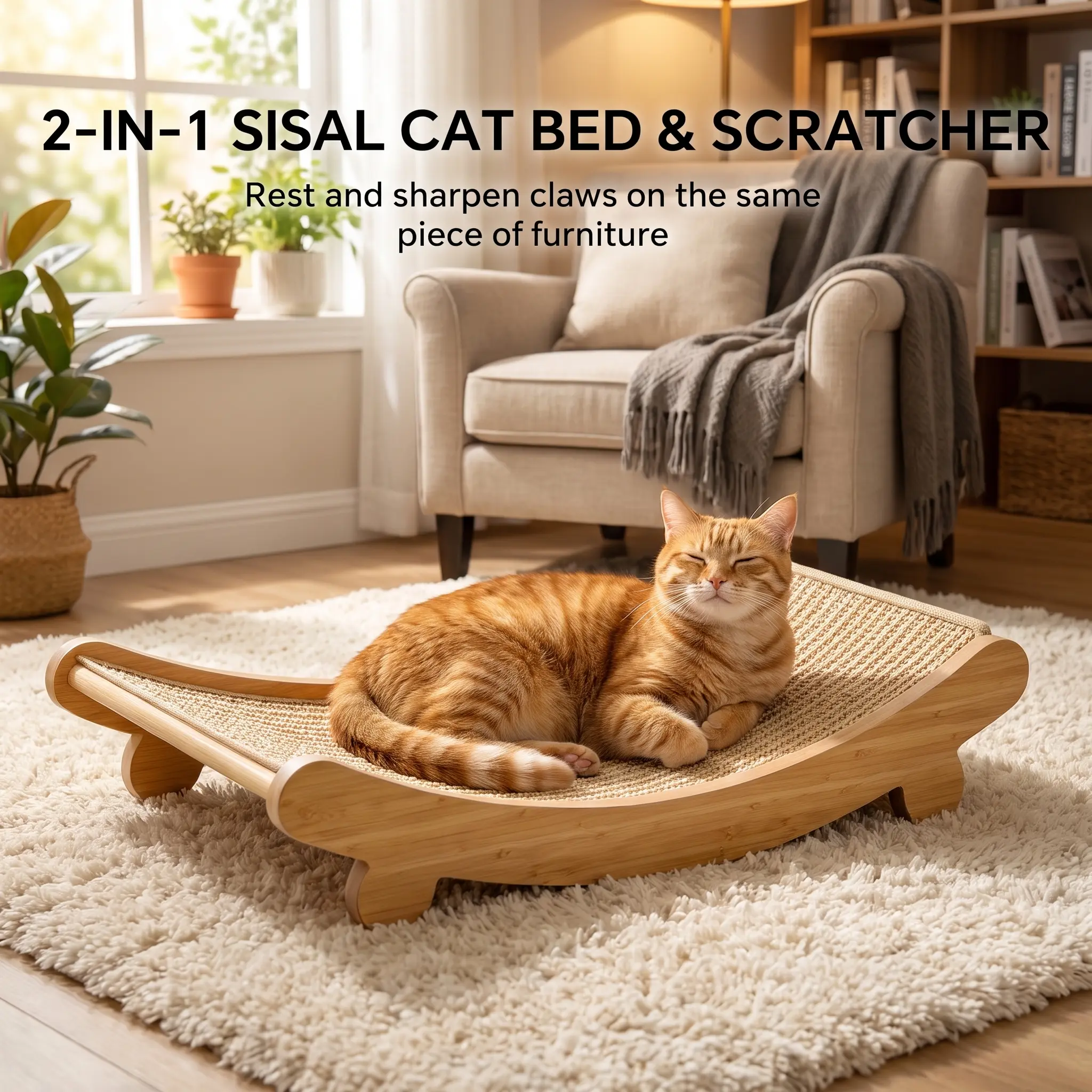 Sisal Cat Scratcher Bed 2 in 1, Solid Wood Cat Lounger, Scratching Board & Nap Hammock Combo, Furniture Protector for Cats
