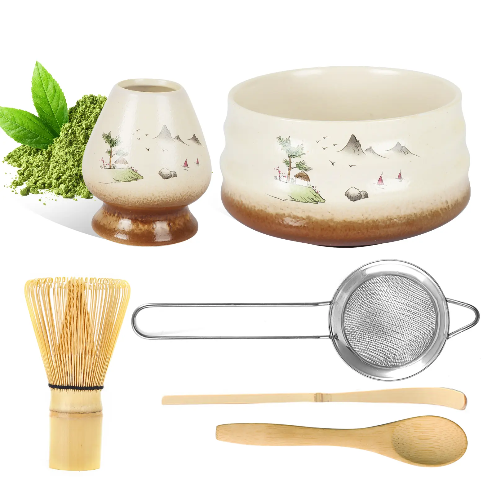 Eco-Friendly Non-Toxic Food-Grade Matcha Kit, Traditional Christmas/Mother’s Day Ceremony Set with 77-Tine Bamboo Whisk, Bowl, Tea Scoop, Sifter, Gift-Ready Home Supply for Latte Prep (Ideal for Enthusiasts)