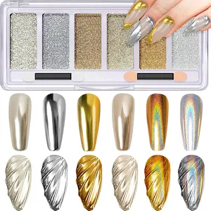 Gold Silver Chrome Nail Powder, Holographic Unicorn Iridescent Chrome Powder for Nails, 6 Colors Metallic Mirror Effect Champagne Chrome Nail Art Powder Pigment Glitter with Applicators for Nail Art