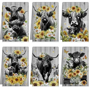 6 Pcs Highland Cow Highland Cow Themed Dish Towels Cow Seasonal Cute Decorative Hand Tea Towel Absorbent Soft Kitchen Fingertip Towels for Farmhouse Kitchen Bathroom Decorations