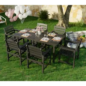 7-Piece HDPE Outdoor Dinging Set, Extendable Table and 6 Durable Chairs, All-Weather Dining Table Set for Backyard, Deck, Garden, Black