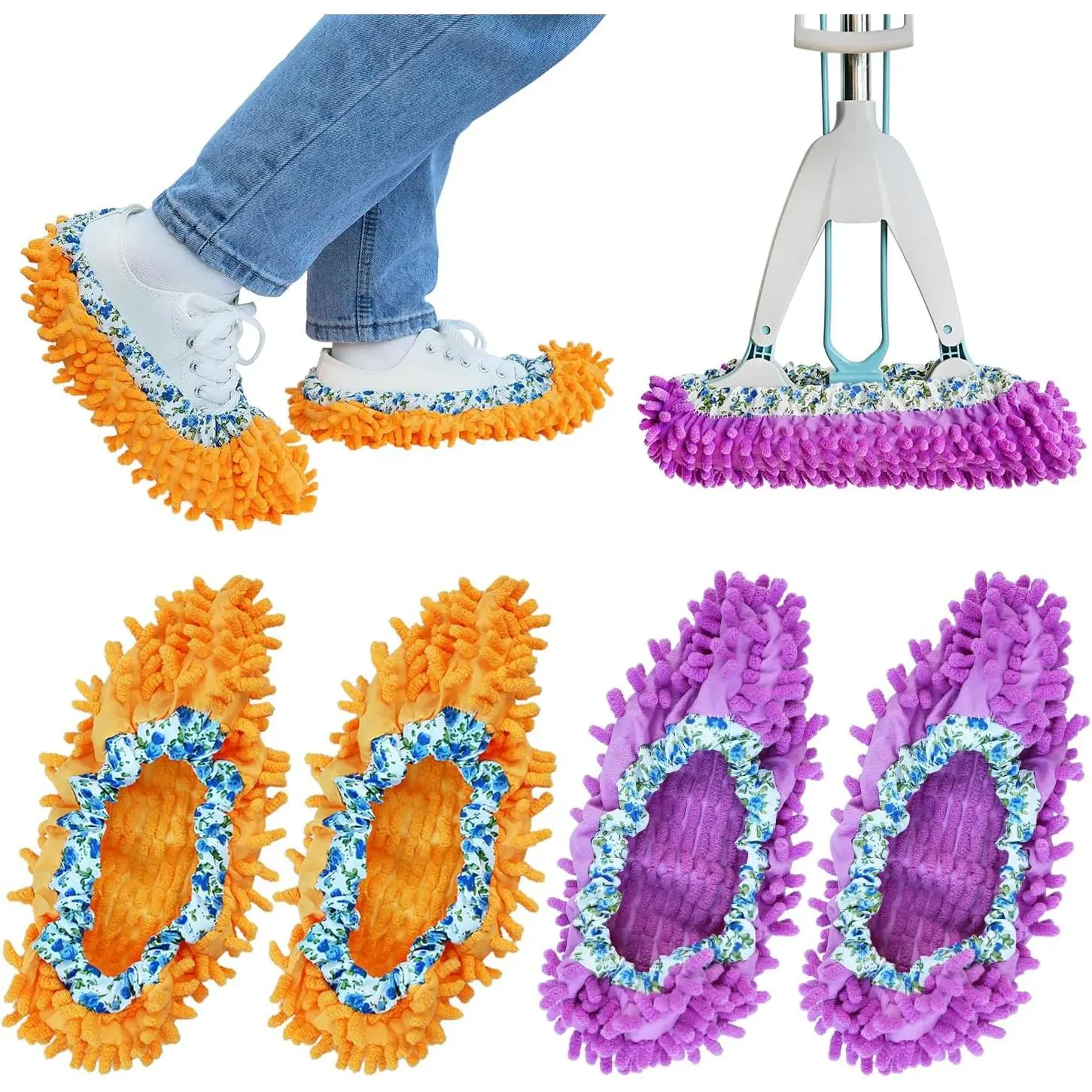 Chenille & Synthetic Soft Microfiber Mopping Slippers Set (4 Count, 2 Pairs) - Reusable Shoe Covers, Free Size, 9.5 x 4.5 Inches Absorbent Microfiber Mop Head Home Floor Cleaning Tool for Bathrooms