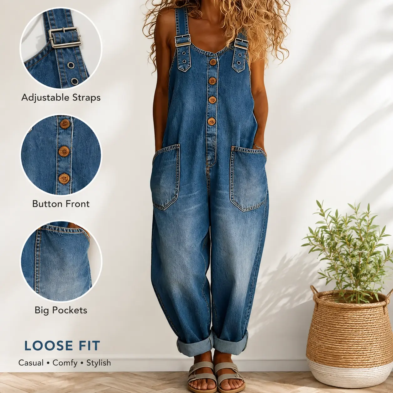 Loose Fit Denim Overalls with Adjustable Straps Button Front Big Pockets Casual Comfy Stylish Women's Jumpsuit