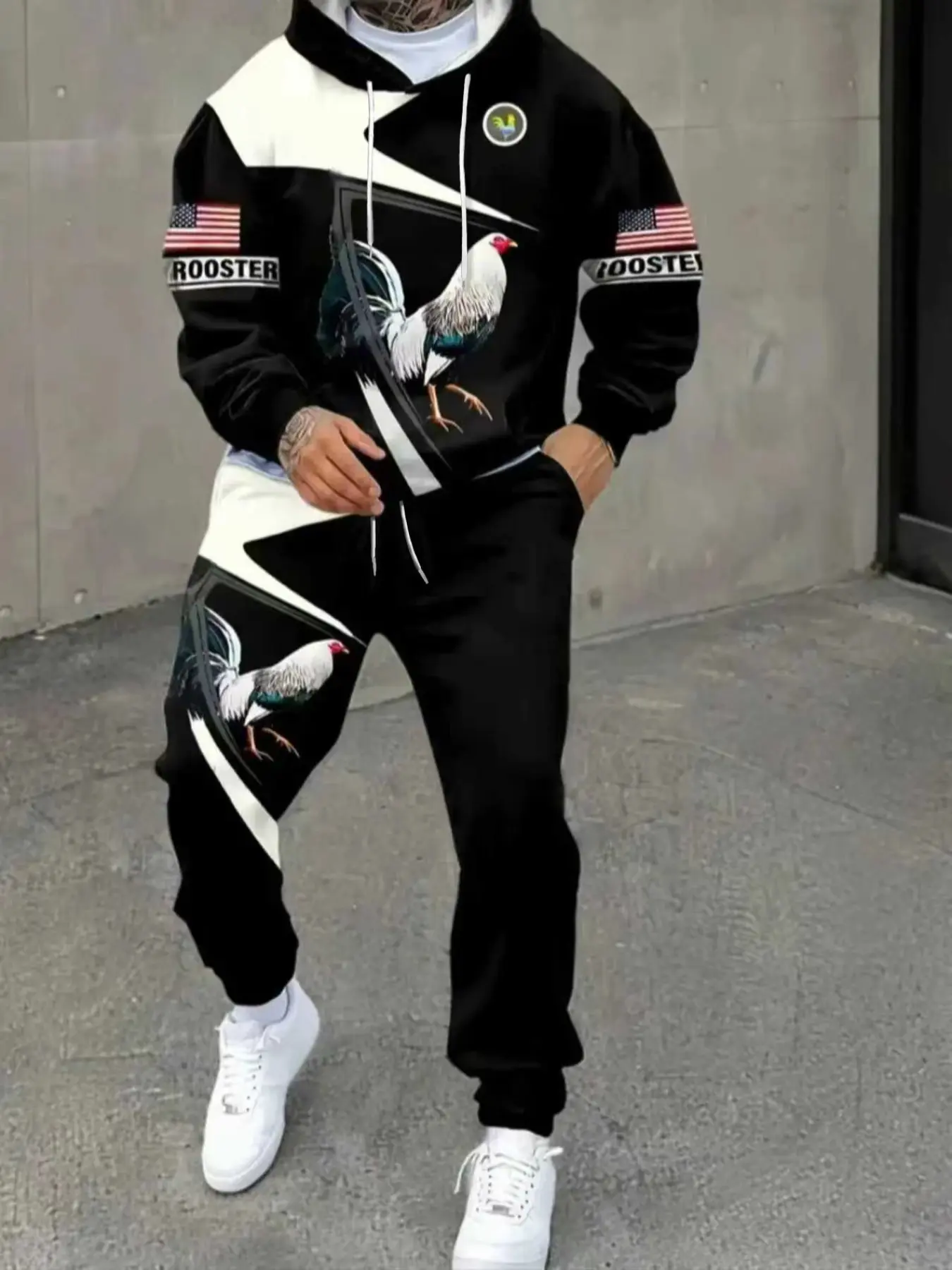 Men's Fall Winter Hoodie Set, Classic Mexican Rooster Print, Drawstring Long Sleeve Sweatshirt & Elastic Waist Pocket Pants