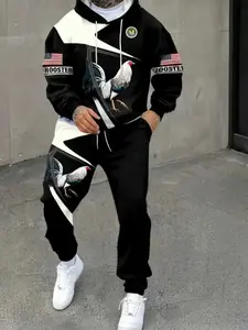 Men's Fall Winter Hoodie Set, Classic Mexican Rooster Print, Drawstring Long Sleeve Sweatshirt & Elastic Waist Pocket Pants