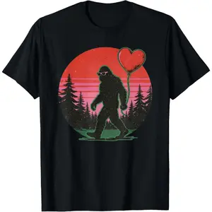 Men's Bigfoot Valentine's Day humor Graphic T-Shirt - Short Sleeve Crew Neck Regular Fit Casual Wear | Soft & Breathable Fabric, Durable Print, Everyday Comfort, Machine Washable, retro A silhouette of Bigfoot (Sasquatch) wearing sunglasses and holding a