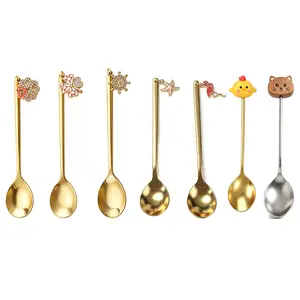 7Pcs Multi-style Coffee Spoon Stainless Steel Gold Plated Mini Dessert Spoons, Creative Charms & Animal Head Teaspoons for Coffee, Tea, Ice Cream, Home & Café Use