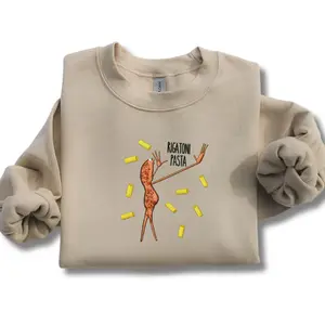 Marcus the Worm “Rigatoni Pasta” Embroidered Sweatshirt – Cozy Crewneck Featuring Funny Worm and Pasta Design, Perfect for Food Lovers. Classic Fabric