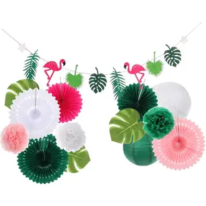 Multi-Color Hanging Paper Fans Tropical Hawaiian Flamingo Paper Fans and Monstera Leaves Banner for Beach Party Decorations Easy to Install for Weddings and Birthdays - Home Improvement.