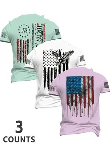 Men's Flag Series Short Sleeve Casual T-Shirt Set, American Vintage Street Style, Patriotic Symbols, Daily Wear, Outdoor Activities