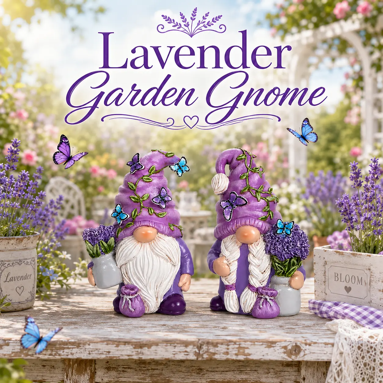 HODAO Adorable Lavender Resin Gnome Statue - Butterfly Charm Outdoor Lawn Statue, 2.6" Compact Fit, 4.3" Tall Presence, 4th of July Home Decor, Porch Accessory