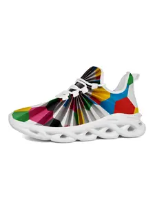 Exclusive Recommendation! Geometric Kaleidoscope Knit Sole Sneakers, Street Trendy Pop Style, Radiant Color Patchwork Design