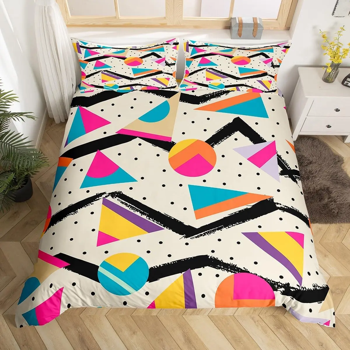 Memphis Duvet Cover Set,Retro 80s or 90s Fashion Style Bedding Set,Geometric Triangle Circle Comforter Cover Soft Polyester Quilt Cover,No Comforter
