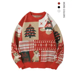 Men’s Stylish Christmas Tree & Bear Print Drop-Shoulder Sweater Pullover, Casual Regular Fit, Long Sleeve, Crew Neck, Multicolor/White, for Autumn & Winter