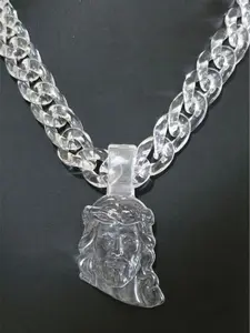 Jesus Pendant Necklace Acrylic – Thick Cuban Link Chain – Statement Religious Jewelry for Men and Women – Unique Streetwear Style– Smaller Pendant