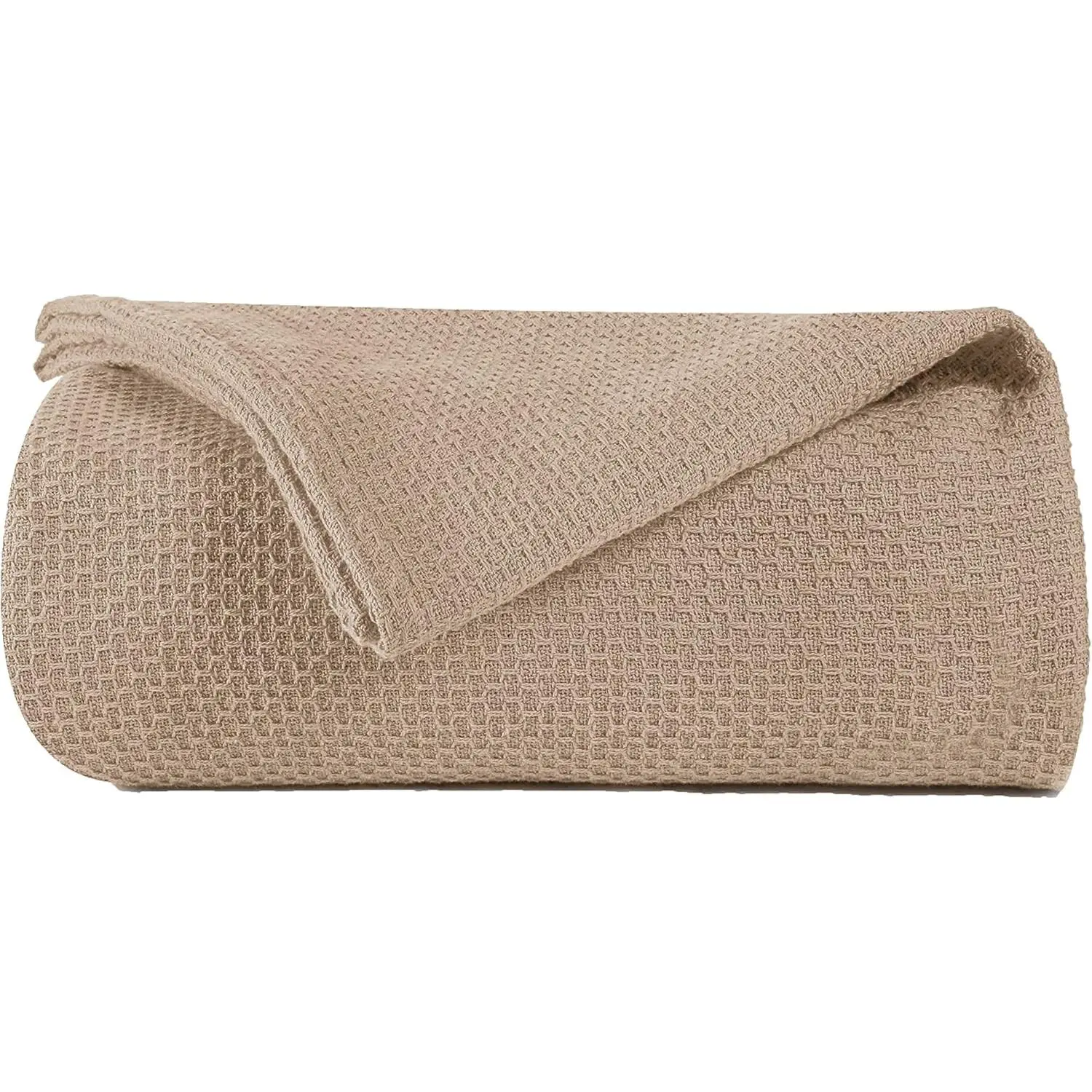 Cotton Bed Blanket, Breathable Thermal Blanket Full -  Size, Soft Honeycomb Waffle 90''x90'',  for Layering Any All Season, Beige, (90''x90'') (70474)