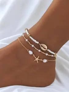 Women's Boho Style Starfish & Shell Decor Anklet, Adjustable Anklet, Dainty Layered Anklet, Fashionable Beaded Anklet for Beach Party Vacation, Elegant All-match Fashion Accessories for Daily Wear, Trendy Jewellery Accessories
