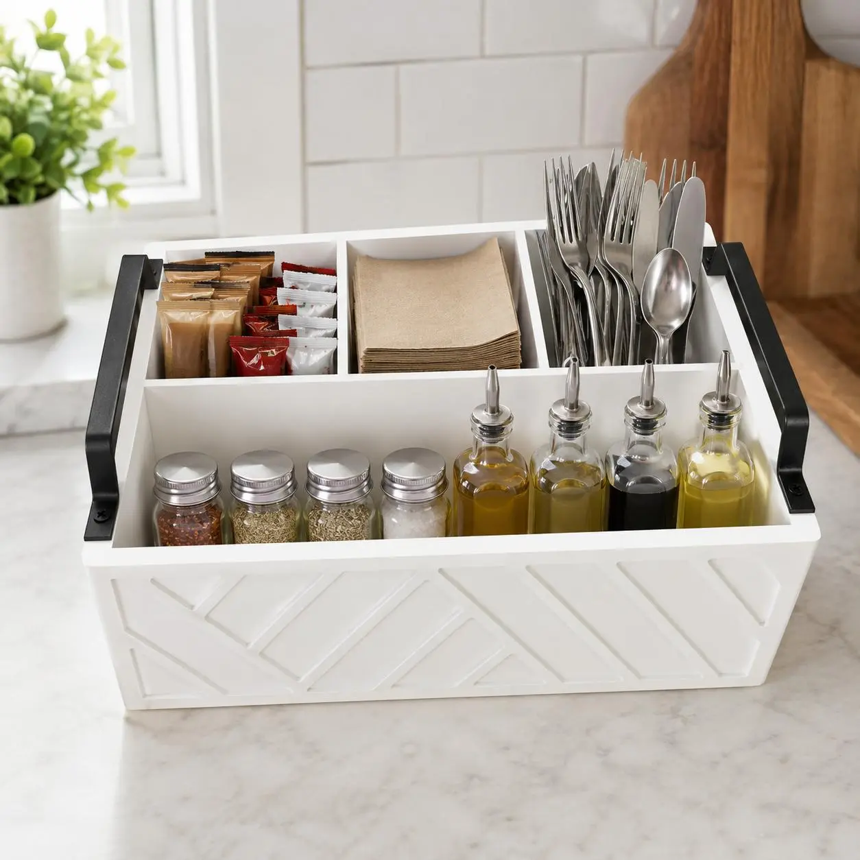 White 4-Compartment Countertop Organizer Caddy with Black Carry Handles, Multipurpose Storage Box for Coffee Bar, Bathroom, Vanity and Office