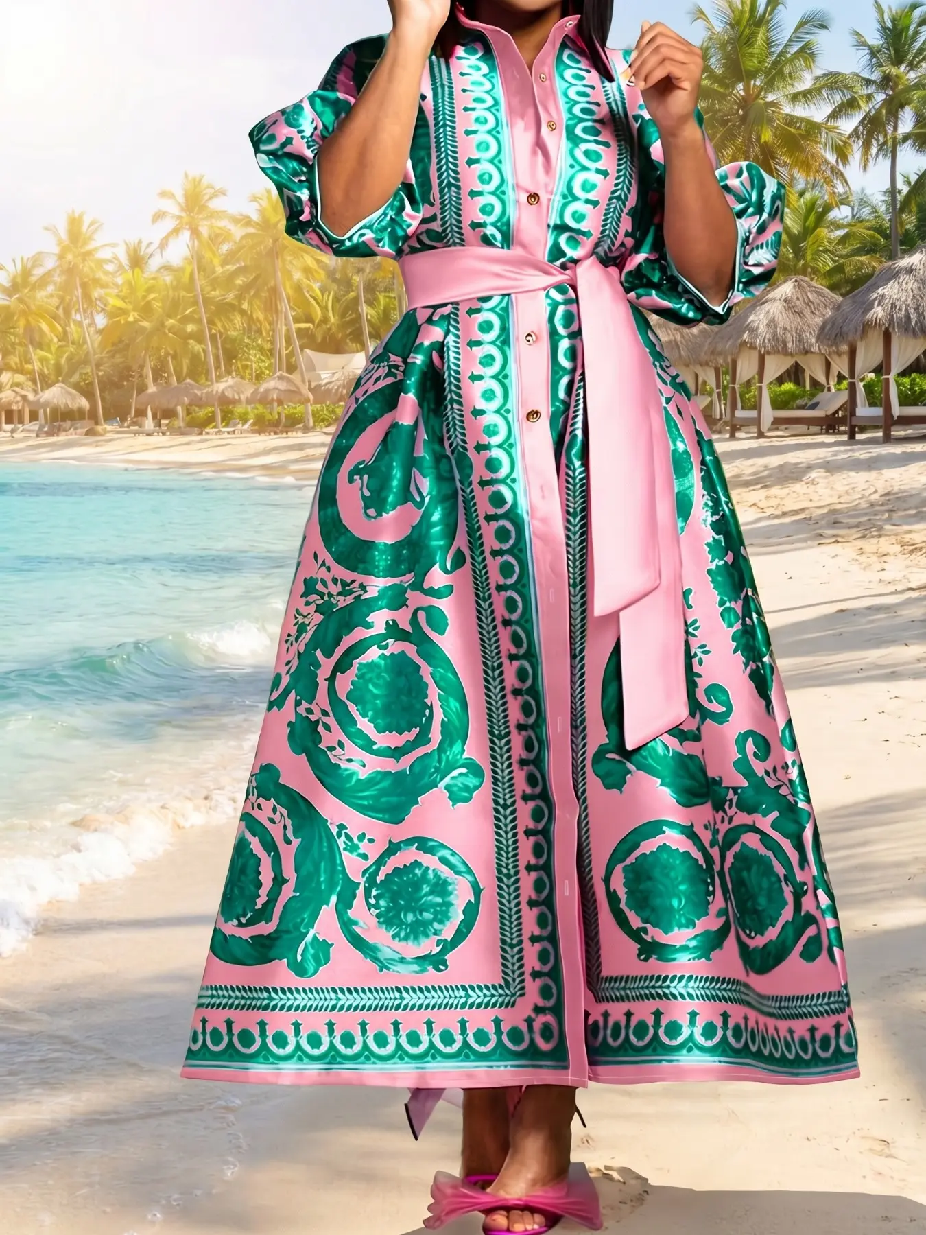 Plus Size Women's Casual Vintage Boho Summer Outfit Floral Print Shirt Dress, Shiny Satin Summer Tropical Vacation Style, Colorblock Waist Cinch Belt A-Line Boho Printed Dress Auhrf153