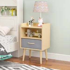 【Umbreco】Nightstand – Oak 2-Tier Wood Side Table with Collapsible Fabric Drawer & Storage Cabinet for Kids & Adults, Bedroom wood nightstand