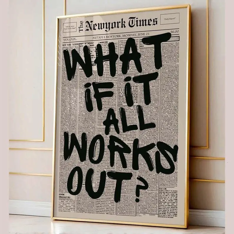 Retro What If It All Works Out Newspaper Print, Typography Poster, Trendy Wall Art, Motivational Poster Decor Photo