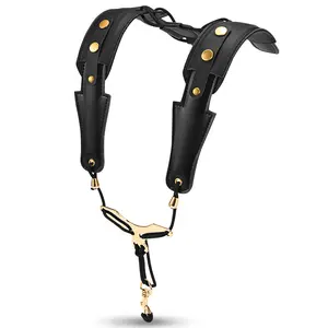 POGOLAB Saxophone Shoulder Strap, Double Shoulder Leather Adjustable Sax Strap with Metal Beam & Sturdy Adjuster, Reduce Neck Stress, Good Comfort, for Alto/Tenor/Baritone/Soprano Saxophone