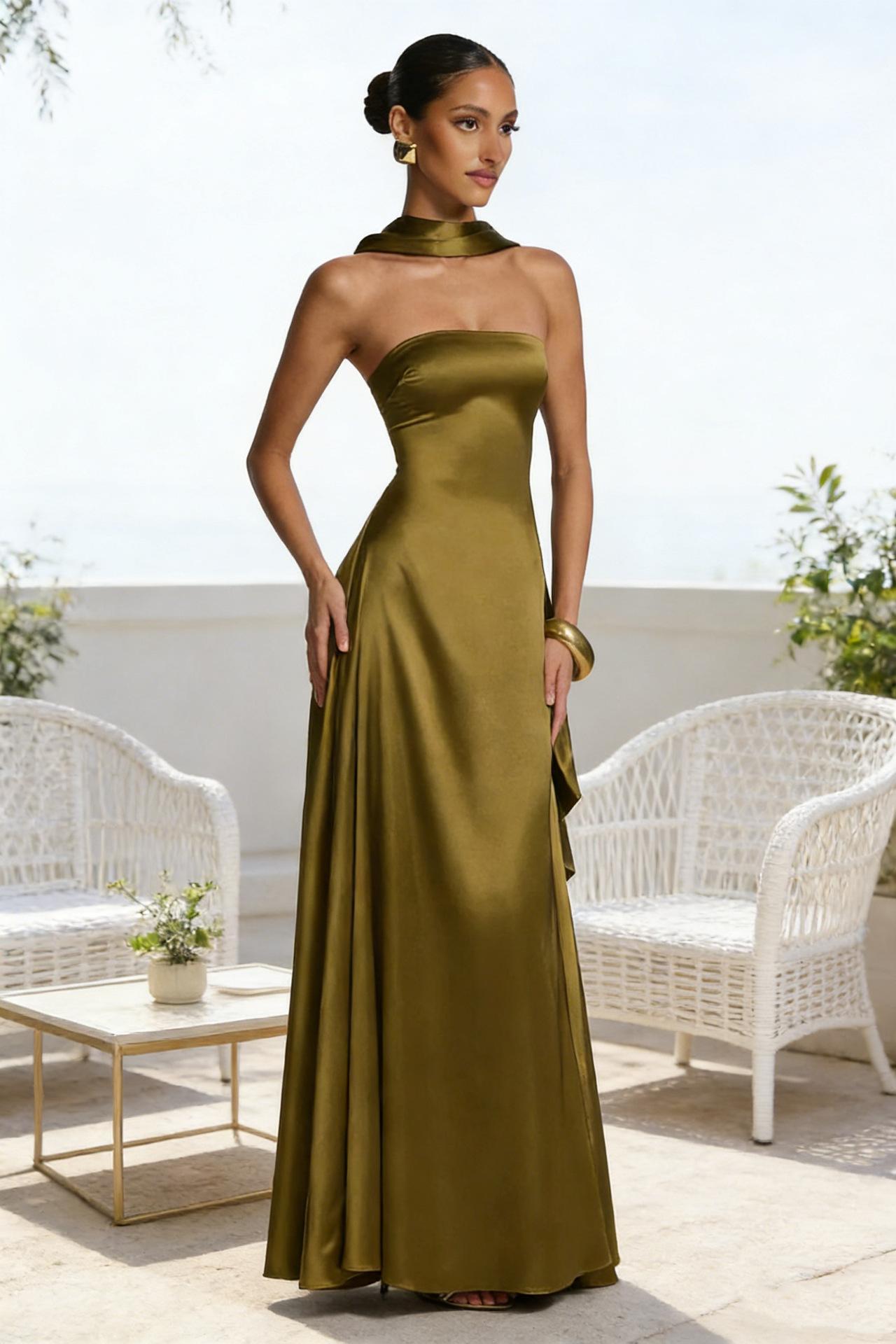 Womens Backless Tube-Top Waist-Cinching Evening Gown Long Dress