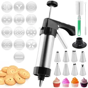 Stainless Steel Cookie Press Gun Kit with 13 Discs & 8 Tips for Baking, DIY Spritz Cookies, Biscuits & Cake Decorating Supplies