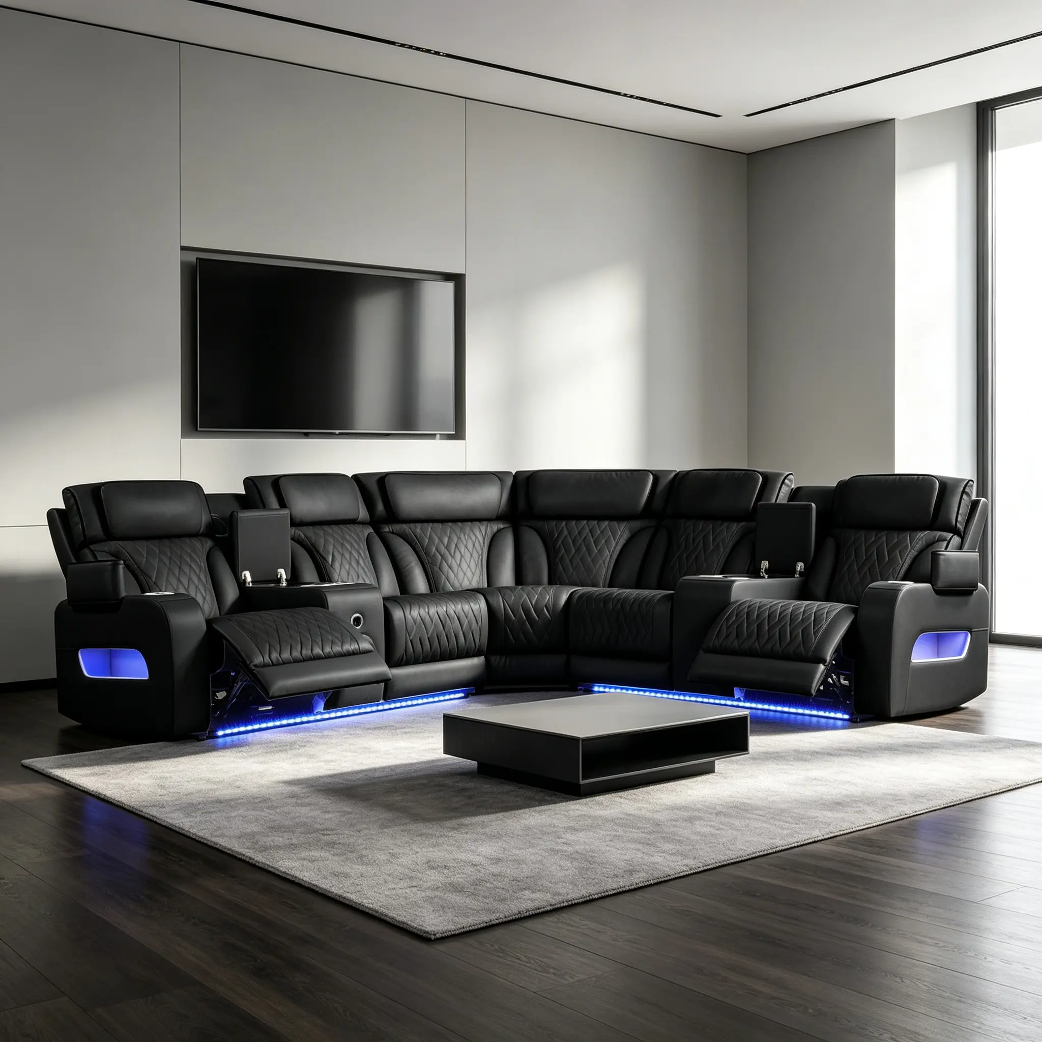 Jazmina 117" Ice White Leather Aire Transformer Power Reclining Sectional Sofa - Power Headrest, Bluetooth Speakers, LED Lights, USB/USB-C Ports, Storage, Cupholders