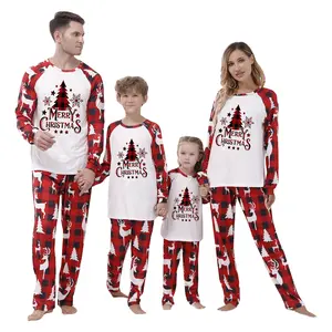 Family Christmas Pajamas Matching Set Christmas Letter Print Tops and Plaid Pants Pjs Xmas Sleepwear for Couples Adult Kids