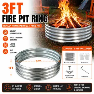 3/4/5 FT Diameter Camp Fire Ring Pit, Large Round Galvanized Steel Fire Pit, Heavy Duty Silver Steel Fire Pit for Backyard, Camping, Bonfire