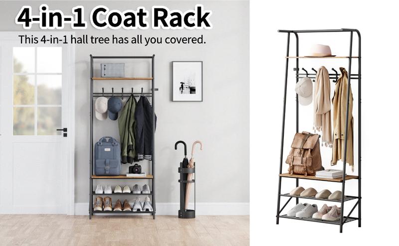 【GARVEE】Multifunctional Coat Rack Shoe Bench with 5 Hooks + Wood Look + Metal Frame + Top Shelf + C-shaped Hooks + Sturdy Frame + Entryway Organizer 【GARVEE】Multifunctional Coat Rack Shoe Bench with 5 Hooks + Wood Look + Metal Frame + Top Shelf + C-shaped Hooks + Sturdy Frame + Entryway Organizer