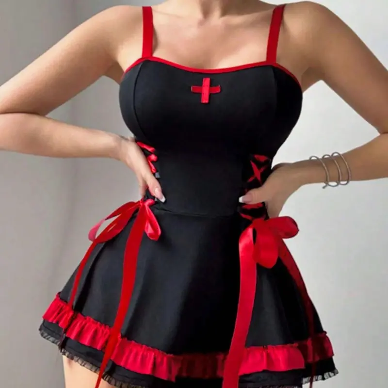 sexy red and black lingerie Bodacious Three-piece Lace Set with Heart Cutouts and Garters – mapale shop main image 0